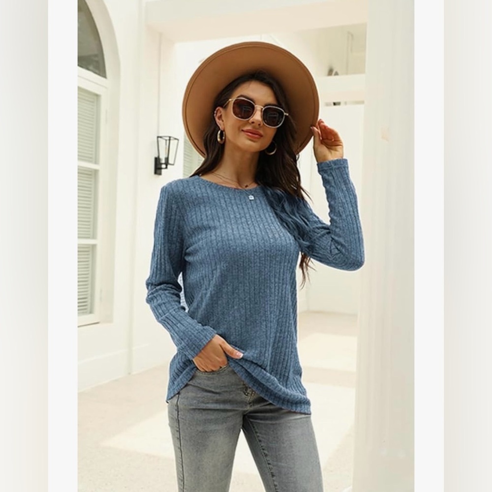 Blue Ribbed Long Sleeve Tunic Top Crew Neck Casual Sweater. - Picture 2 of 6